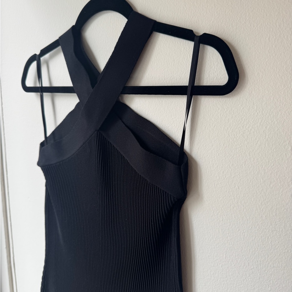 Babaton Black Ribbed Cross Neck Cocktail Dress - Picture 2 of 8